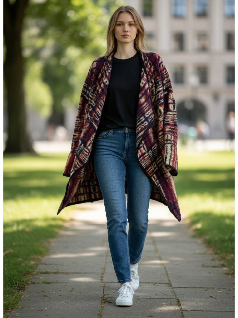 Lucky Brand Womens Open Front Long Cardigan Red Blue Plaid S/P Cotton Blend